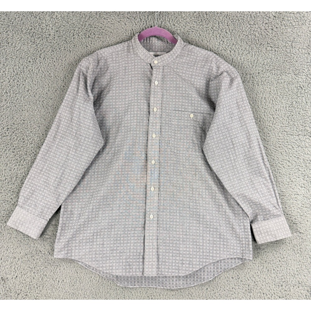 Yves Saint Laurent Shirt Mens 16.5 Grey Banded Collar Grid Textured Long Sleeve